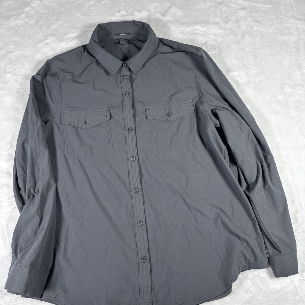 Eddie Bauer Womens L Gray Classic Fit Button Down Roll Tab Sleeve Hiking Shirt